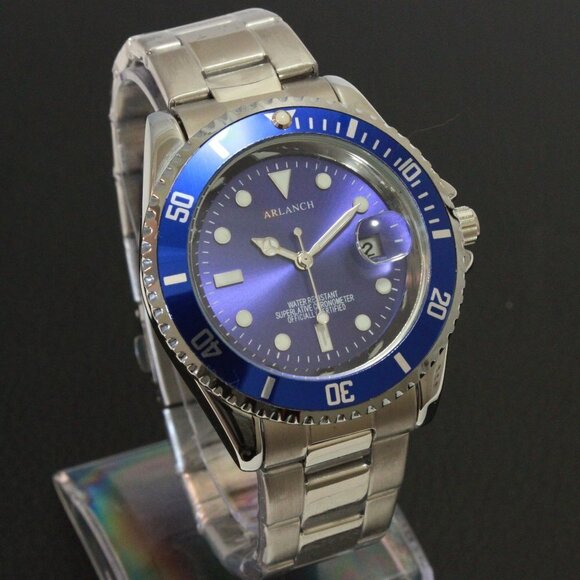 Men's Diver Style Watch Blue Uni-directional Bezel Stainless Bracelet 40mm - Picture 2 of 14